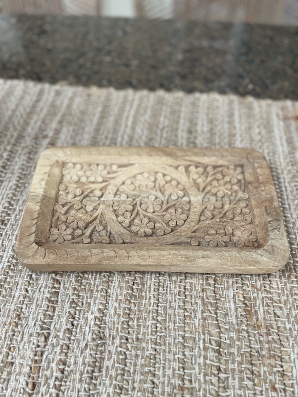 Creative Co-Op Carved Wood Floral Jewelry Tray in Natural Wood